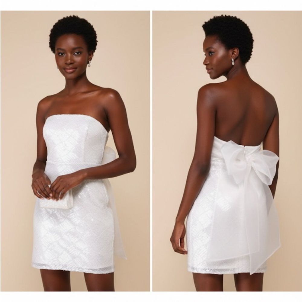 Lulus Exquisite Glamour White Mesh Sequin Strapless Bow Mini Dress M